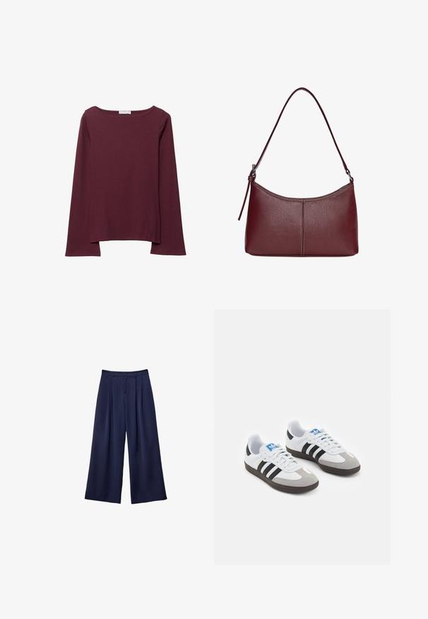 Burgundské tričko s dlouhým rukávem vyrobené z měkkého materiálu, s širokým kulatým výstřihem a mírně zakřiveným lemem pro uvolněný střih.; Námorně modré kalhoty s širokými nohavicemi, s plisovaním, knoflíkovým páskem a poutky na opasek, zobrazené položené na bílé pozadí.; Sportovní boty s bílým koženým svrškem, šedou semišovou špičkou a třemi černými pruhy. Obsahují modré logo na jazyku a texturovanou gumovou podrážku.; Vínová kožená kabelka s zakřiveným tvarem, jediným ramenním popruhem a prošíváním ve středu. Hladký povrch, minimální kovové prvky.