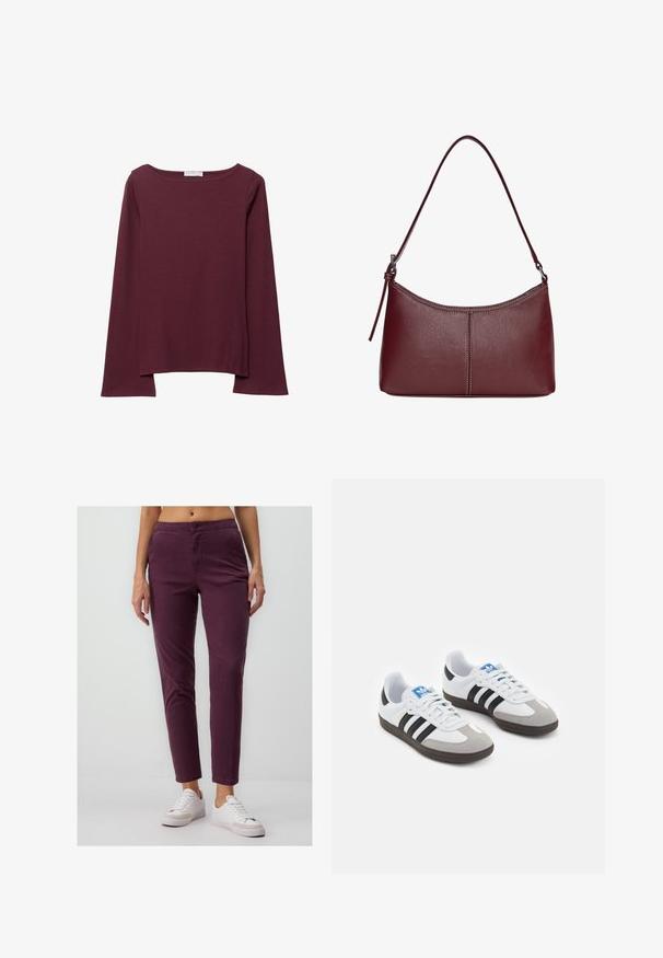 Burgunderfarbenes Langarmshirt aus weichem Stoff, mit weitem, rundem Ausschnitt und leicht geschwungenem Saum für eine entspannte Passform.; Burgunderfarbene Slim-Fit-Hose aus Baumwolle mit Knopfverschluss, Vorderaschen und cropped Länge, kombiniert mit weißen Sneakern.; Sportschuhe mit einem Obermaterial aus weißem Leder, grauer Wildleder-Zehenkappe und drei schwarzen Streifen. Sie verfügen über ein blaues Logo auf der Zunge und eine strukturierte Gummisohle.; Bordeauxfarbene Ledertasche mit geschwungener Form, einem einzigen Schulterriemen und gesteppten Details in der Mitte. Glatte Textur, minimales Zubehör.
