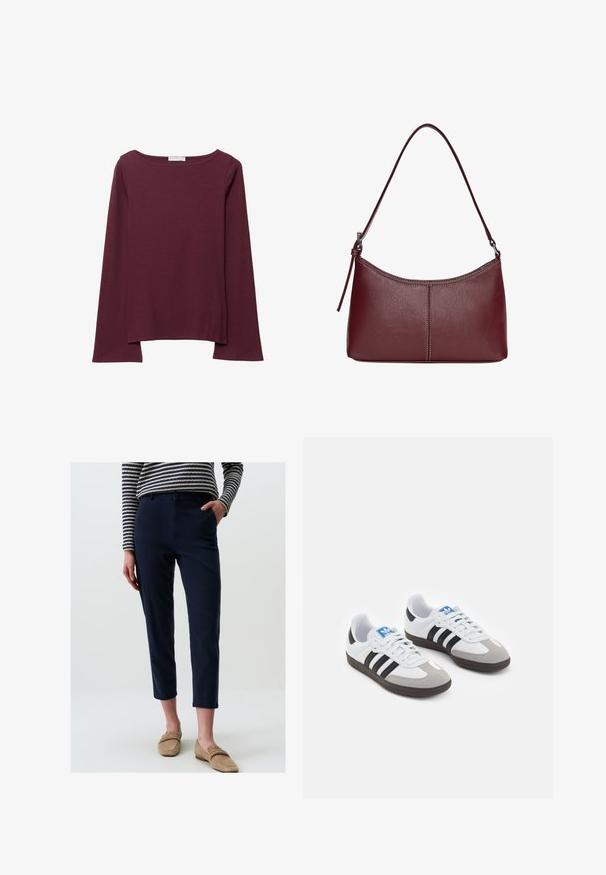 Burgunderfarbenes Langarmshirt aus weichem Stoff, mit weitem, rundem Ausschnitt und leicht geschwungenem Saum für eine entspannte Passform.; Navyblaue Chinos mit geradem Schnitt, ausgestattet mit einem Knopfverschluss, seitlichen Taschen und leicht verkürzter Länge. Kombiniert mit braunen Slippern.; Sportschuhe mit einem Obermaterial aus weißem Leder, grauer Wildleder-Zehenkappe und drei schwarzen Streifen. Sie verfügen über ein blaues Logo auf der Zunge und eine strukturierte Gummisohle.; Bordeauxfarbene Ledertasche mit geschwungener Form, einem einzigen Schulterriemen und gesteppten Details in der Mitte. Glatte Textur, minimales Zubehör.