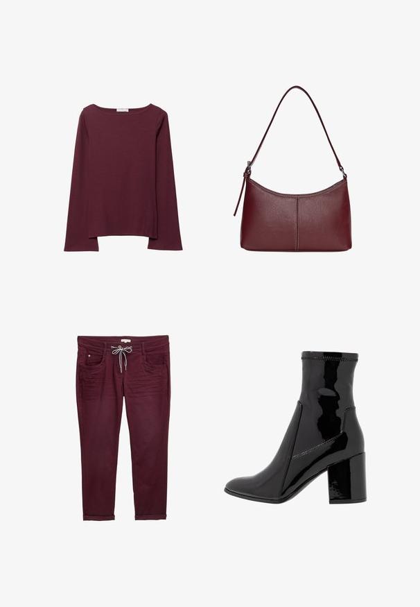 Bordeaux langærmet top lavet af blødt stof, med en bred cirkulær halsudskæring og en let buet kant for en afslappet pasform.; Bordeaux bukser med snoreliv, forlommer og oprullede ben. Lavet af blødt stof med en glat tekstur og diskrete sømdetaljer.; Sorte patent ankelstøvler med en glat overflade, spidse tå og en struktureret blokhæl. Uden lynlås og med kontrasterende syninger.; Kastanjebrun læderhåndtaske med en buet form, en enkelt skulderrem og syninger i midten. Glat tekstur, minimal hardware.