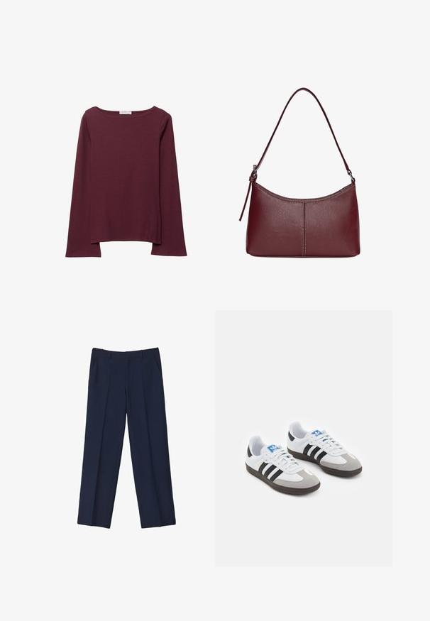 Burgundy long-sleeve top made of soft fabric, featuring a wide circular neckline and a slightly curved hem for a relaxed fit.; Navy blue tailored trousers with a straight leg, featuring front pleats and side pockets. Fabric appears smooth and structured.; Sport shoes with a white leather upper, gray suede toe, and three black stripes. Features a blue logo on the tongue and a textured rubber sole.; Maroon leather handbag with a curved shape, a single shoulder strap, and stitched detailing at the center. Smooth texture, minimal hardware.