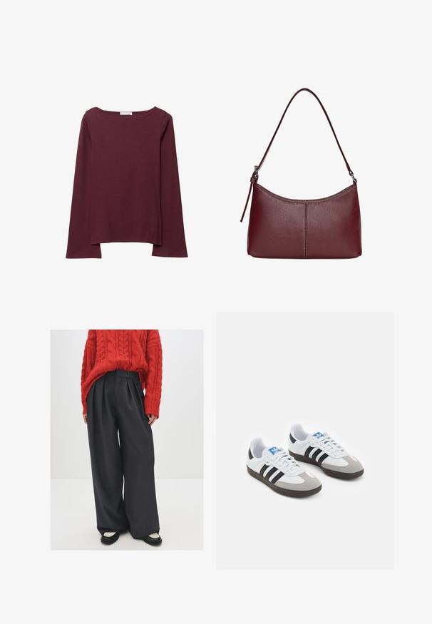 Maglietta bordeaux a maniche lunghe realizzata in tessuto morbido, caratterizzata da un ampio scollo circolare e un orlo leggermente curvo per un fit rilassato.; Maglione rosso a fantasia a trecce abbinato a pantaloni a vita alta grigio scuro a gamba larga e ballerine nere con accenti crema. Visibili lavorazione a maglia testurizzata e pieghe.; Scarpe sportive con tomaia in pelle bianca, punta in suede grigia e tre strisce nere. Presentano un logo blu sulla linguetta e una suola in gomma testurizzata.; Borsa a tracolla in pelle bordeaux con forma curvata, una sola tracolla e dettagli cuciti al centro. Texture liscia, hardware minimale.