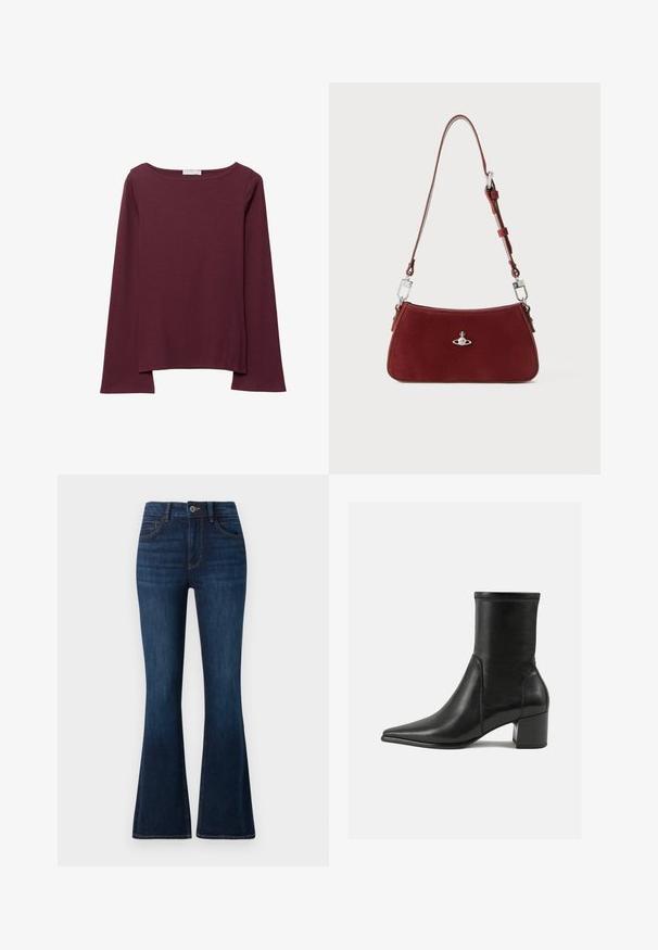 Bordový top s dlhým rukávom vyrobený z mäkkej tkaniny, s širokým kruhovým výstrihom a mierne zakriveným spodným okrajom pre uvoľnený strih.; TOM TAILOR STELLA tmavomodrý denim; Čierne členkové topánky vyrobené z hladkej kože, s špicatou špičkou, blokovým podpätkom a výrazným zvýšeným švom na hornom okraji.; Červená semišová kabelka na rameno s zakriveným tvarom. Obsahuje strieborné akcenty a nastaviteľný popruh s hardvérovými detailmi. Hladký povrch.