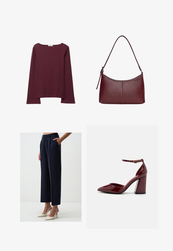 Burgundowa bluzka z długim rękawem, wykonana z miękkiego materiału, z szerokim okrągłym dekoltem i lekko zaokrąglonym dołem, zapewniająca luźny krój.; Szerokie granatowe spodnie z wysokim stanem, plisowanym przodem i bocznymi kieszeniami. W zestawie z czubkowymi beżowymi szpilkami, tworzącymi kontrastowy look.; Bordowe lakierowane szpilki z długim noskiem, z paskiem na kostkę i grubym obcasem. Gładka tekstura i elegancki design.; Bordowa torebka skórzana o zaokrąglonym kształcie, z jednym paskiem na ramię i przeszyciami w centrum. Gładka faktura, minimalna ilość elementów metalowych.