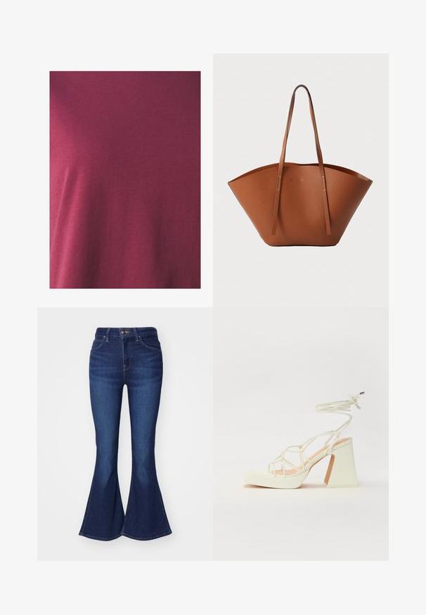 Maroon cotton t-shirt featuring a smooth texture and a basic crew neck design, with a fitted silhouette and minimal detailing.; Dark blue flared jeans made of denim, featuring a high waist, five pockets, and a button closure, with a slight fade in color on the thighs.; White high-heeled sandal with a chunky heel, featuring a strappy design and ankle tie. Smooth texture with a platform front for added height.; Brown leather tote bag with a wide, structured shape, thin handles, and a textured finish. Features minimalistic design with no visible hardware.