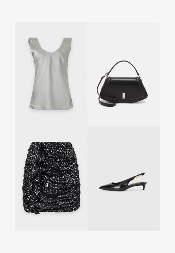 Top sin mangas de satén plateado con un amplio escote en V y dobladillo ligeramente acampanado. Textura suave con costuras mínimas y un diseño limpio.; Minifalda negra fruncida con detalles de lentejuelas plateadas, que presenta un acabado texturizado y un diseño asimétrico para añadir interés visual.; Tacones negros de piel sintética tipo slingback con punta afilada, que cuentan con un tacón delgado y un detalle en tono dorado en la correa ajustable. Textura suave.; Bolso de mano de cuero negro con un diseño estructurado, que presenta una forma recortada, asa superior y acentos en dorado. Correa de hombro ajustable incluida.
