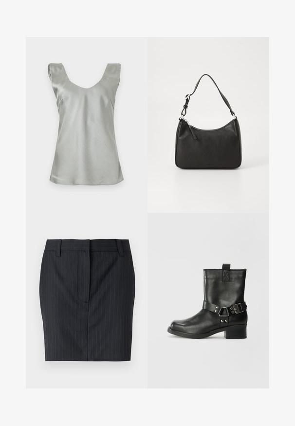 Srebrna satenska haljina bez rukava s širim V-izrezom i lagano širim rubom. Glatka tekstura s minimalnim šavovima i čistim dizajnom.; Crna suknja s prugicama, krojena s petljama za pojas i skrivenim prednjim zatvaračem, prikazana na bijeloj pozadini.; Samsøe Samsøe SABRENTA - Kaubojske/motorističke gležnjače - black; Crna kožna torba s zakrivljenim oblikom, jednim remenom, zatvaranjem na patentni zatvarač i suptilnim brendiranjem sprijeda. Glatka tekstura, minimalistički dizajn.