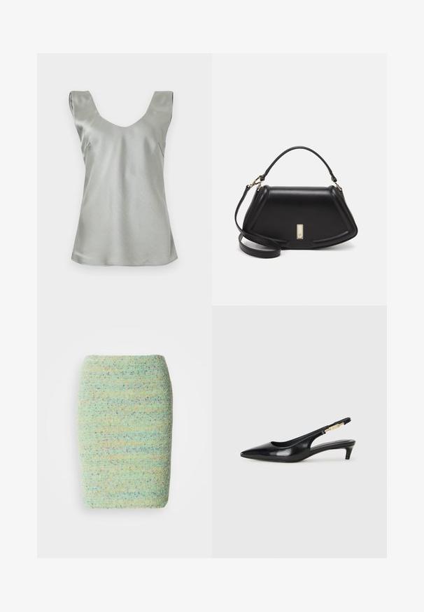 Silberne satinierte ärmellose Bluse mit weit ausgeschnittenem V-Ausschnitt und leicht ausgestellt Saum. Glatte Textur mit minimalen Nähten und sauberem Design.; Knielanger Rock aus strukturiertem, gesprenkeltem Stoff in Pastellgrün mit Farbtönen von Blau, Orange und Violett.; Schwarze Leder-Slingback-Pumps mit spitzem Schuhblatt, ausgestattet mit einem schlanken Absatz und einem goldfarbigen Akzent am verstellbaren Riemen. Glatte Textur.; Schwarze Lederhandtasche mit einem strukturierten Design, das eine verkürzte Form, einen oberen Griff und goldfarbene Hardware-Details aufweist. Verstellbarer Schulterriemen ist enthalten.