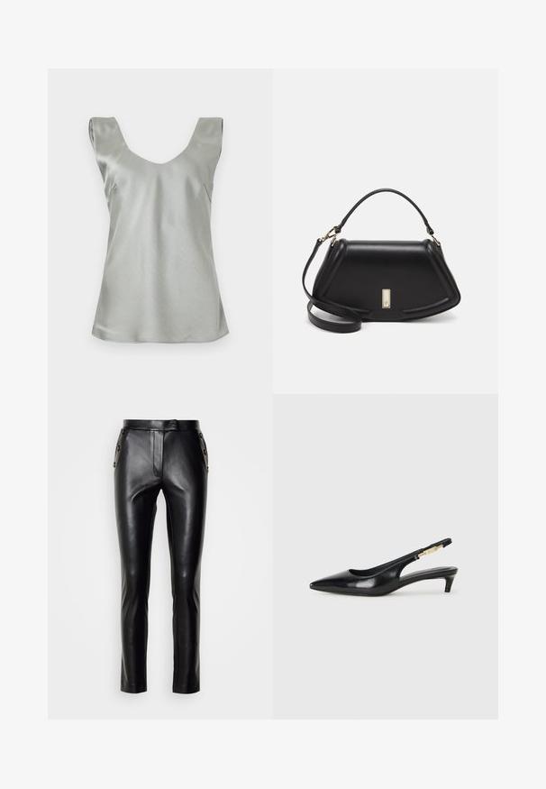 Top sin mangas de satén plateado con un amplio escote en V y dobladillo ligeramente acampanado. Textura suave con costuras mínimas y un diseño limpio.; Pantalones de cuero negro con corte ajustado, que cuentan con un zipper frontal, cierre de botón y detalles de botones en los laterales. Textura suave.; Tacones negros de piel sintética tipo slingback con punta afilada, que cuentan con un tacón delgado y un detalle en tono dorado en la correa ajustable. Textura suave.; Bolso de mano de cuero negro con un diseño estructurado, que presenta una forma recortada, asa superior y acentos en dorado. Correa de hombro ajustable incluida.