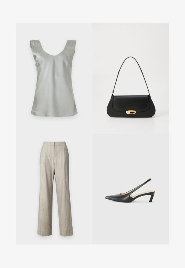 Ez egy ezüstszínű, selyemhatású, ujjatlan felső, széles V-nyakkal és enyhén kiszélesedő szegéllyel. Simító textúrájú, minimális varrásokkal és letisztult dizájnnal.; Világosszürke, magas derekú nadrág, finom csíkos mintával és enyhén strukturált anyagból. Egyenes lábú fazon, precíz szabással.; Fekete, hegyes orrú, slingback cipő alacsony sarkával, sima bőrből készült, oldalt kivágott deisgnal a légáteresztőképesség érdekében.; Fekete bőr táska ívelt kialakítással, arany színű fémrészletekkel és felső fogantyúval. Csúszásmentes záródás és sima textúra jellemzi.