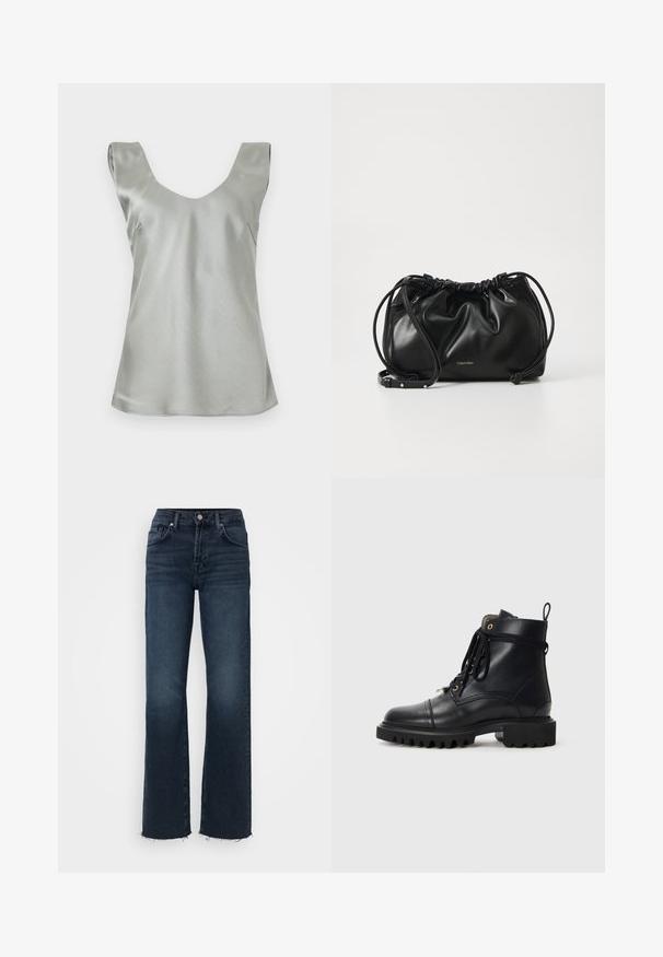 Top sin mangas de satén plateado con un amplio escote en V y dobladillo ligeramente acampanado. Textura suave con costuras mínimas y un diseño limpio.; Jeans de mezclilla de un oscuro tono azulado, con tiro alto, corte de pierna ancha, diseño clásico de cinco bolsillos y detalle de dobladillo deshilachado en la parte inferior.; Botín de cuero negro hasta el tobillo con punta redonda, suela de goma resistente, cordones y una lengüeta; cuenta con ojales dorados y detalles cosidos.; Bolso de mano de cuero negro con diseño fruncido, cierre de doble cordón y correa de hombro desmontable. Presenta un detalle metálico del logo.
