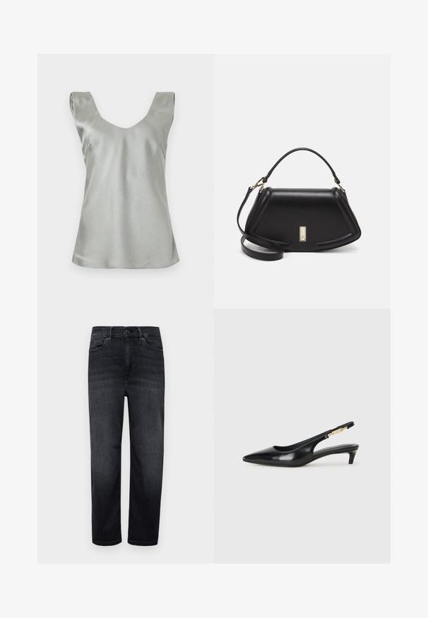 Silberne satinierte ärmellose Bluse mit weit ausgeschnittenem V-Ausschnitt und leicht ausgestellt Saum. Glatte Textur mit minimalen Nähten und sauberem Design.; Dunkelblaue Denim-Jeans mit normaler Passform, geraden Beinen, Fronttaschen, einer kleinen Münztasche und einem Knopfverschluss. Glatte Textur und minimale Ausbleichung.; Schwarze Leder-Slingback-Pumps mit spitzem Schuhblatt, ausgestattet mit einem schlanken Absatz und einem goldfarbigen Akzent am verstellbaren Riemen. Glatte Textur.; Schwarze Lederhandtasche mit einem strukturierten Design, das eine verkürzte Form, einen oberen Griff und goldfarbene Hardware-Details aufweist. Verstellbarer Schulterriemen ist enthalten.