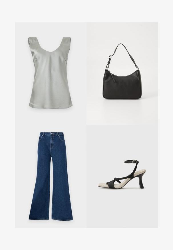 Stříbrný saténový top bez rukávů s širokým výstřihem do V a mírně rozšířeným lemem. Hladká textura s minimem švů a čistým designem.; Rozšířené modré džíny z denimu, s vysokým pasem, designem se pěti kapsami, kontrastním prošíváním a zipem s knoflíkovým zapínáním.; Černé sandály na podpatku s pleteným designem pásku, čtveratou špičkou a nastavitelným páskem kolem kotníku. Světle béžová stélka s lesklým černým podpatkem.; Černá kožená kabelka s zakřiveným tvarem, s jedním popruhem, zipovým uzávěrem a decentním logem na přední straně. Hladká textura, minimalistický design.