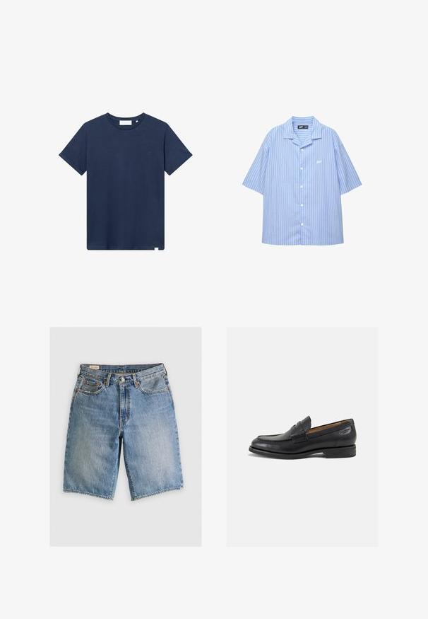 Námořnická modrá bavlněná tričko s kulatým výstřihem, krátkými rukávy a malým vyšitým logem na levém prsu. Hladká textura.; Košile na knoflíky s krátkým rukávem v světle modré barvě s bílými vertikálními pruhy. Obsahuje klasický límec a malé logo na hrudi. Hladká textilie.; Džínové šortky v světlé modré barvě s klasickým střihom. Mají pět kapes, oranžové švy a okraje s odřením.; Černé kožené mokasíny s hladkým povrchem, zaoblenou špičkou a dekorativním prošíváním na svršku. Nízký podpatka a mírný lesk.