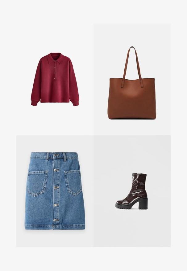 Garais piedurknes bordo dzijas polo krekls ar četriem pogām un ribotām aprocēm uz baltā fona.; Denim svārki ar gaiši zilu toņu, ar priekšējo pogu aizdari, divām kabatām un taisnu griezumu. Audumam ir klasiskā tekstūra.; Spīdīgas bordo potīšu botītes ar masīlu melnu papēdi, kurām ir gluda tekstūra un vienkāršs dizains. Nav redzamu aizdari vai rakstu.; Brūna ādas iepirkumu soma ar gludu tekstūru, atvērta augšdaļa un divas plecu siksnas. Izceļas ar minimālām šuvēm un redzamu aparatūru nav.