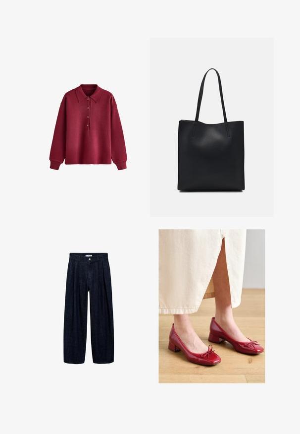 Pulover s dolgimi rokavi v burgundski barvi z štirimi gumbi in rebrastimi manšetami na beli podlagi.; Temne traper hlače širokega kroja z naborki na pasu, z sprednjim gumbom in zankami za pas. Gladka tekstura in dolga zasnova.; Tamaris Klasične pete - red; Črna usnjena torba s svilnato teksturo, pravokotne oblike in dvema dolgima ročajema. Brez vidnih metalnih delov ali okrasnih elementov.