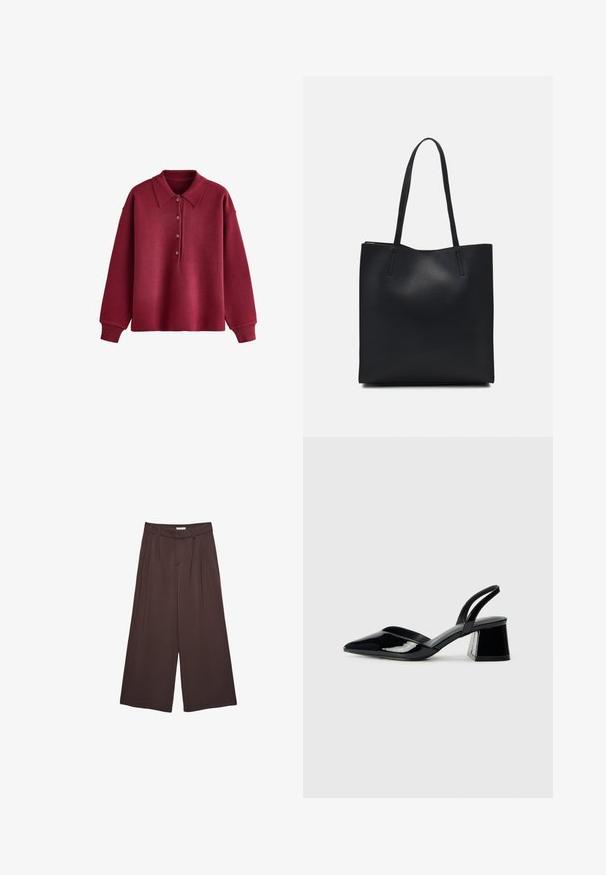 Polo en tricot bordeaux à manches longues avec quatre boutons et poignets côtelés sur fond blanc.; Pantalons larges marron en tissu doux, dotés de plis à la taille et de poches latérales. Silhouette ajustée avec un ajustement confortable.; Escarpins en cuir verni noir avec bout pointu et talon bloc géométrique. Présente un design élégant et minimaliste ainsi qu'une texture lisse.; Sac fourre-tout en cuir noir avec une texture lisse, de forme rectangulaire et deux longues poignées. Pas de matériel ou d'ornementations visibles.