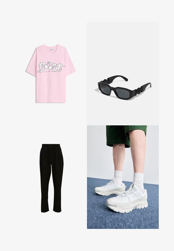 T-shirt rosa chiaro a maniche corte con la scritta "Boost", grafica di due ciliegie e "The Next Stage" in un carattere più piccolo sotto il design.; Pantaloni neri a coste con vita elastica, dotati di cordino e gamba larga. Il tessuto è morbido con una texture liscia.; Scarpe da ginnastica bianche con sovrapposizioni testurizzate, suola spessa e accenti grigi. Indossate con calze corte bianche e pantaloni corti verdi su una superficie blu.; Occhiali da sole neri con montatura angolare, spigoli spessi, lenti scure e dettaglio circolare sugli steli. Materiale plastico liscio.