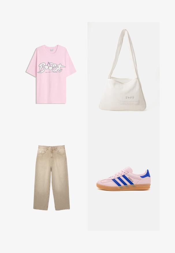 Vaaleanpunainen lyhythihainen t-paita, jossa on "Boost" -teksti, kaksi kirsikkaa graafina ja "The Next Stage" pienemmällä fontilla suunnittelun alapuolella.; Beige leveleihuis denimhousut korkealla vyötäröllä, joissa on revitty helma, kaksi etutaskua ja hienovaraiset ompeluyksityiskohdat.; Vaaleanpunaiset keinonahkakengät, joissa on kolme sinistä raitaa, kuminen pohja ja teksturoitu kantakappale. "Gazelle" -logo on sivussa.; Valkoinen verkkomateriaalisesta olkalaukusta, jossa on pehmeä hobo-muoto. Varustettu kahdella hihnalla ja painetulla tekstillä edessä erottuvassa värissä.