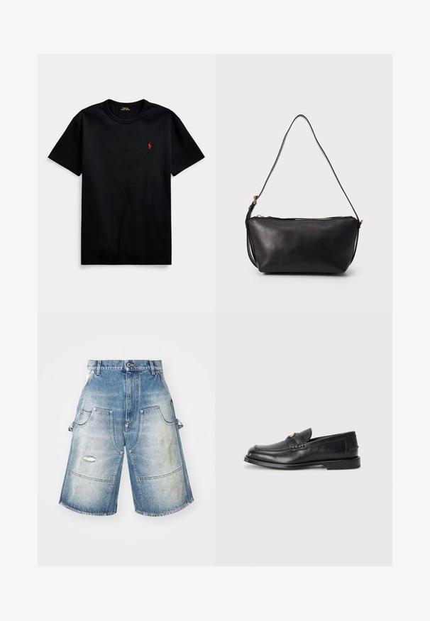 Melnas kokvilnas T-krekls ar īsām piedurknēm, apaļu kakla izgriezumu un mazu sarkanu izsietu logotipu kreisajā krūtī. Gluda tekstūra, ikdienišķs dizains.; Denim šorti ar izbalējušo gaiši zilu krāsu, kuros ir četras kabatas, nolietojums un plats taisns griezums. Pastiprināta šuvuma detaļas.; Melnā ādas mokasīni ir ar noapaļotu purngalu, šūšanas detaļām un nelielu zelta akcentu priekšpusē. Zole ir plaka un diskrēta.; Melna ādas plecu soma ar vienu garu regulējamu siksnu un zelta krāsas rāvējslēdzēju augšdaļā, izstādīta uz vienkārša fona.