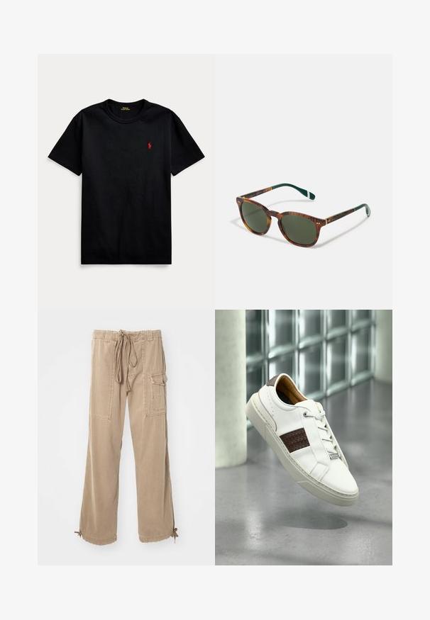 Czarna bawełniana koszulka z krótkim rękawem, okrągłym dekoltem i małym czerwonym haftowanym logo po lewej stronie klatki piersiowej. Gładka tekstura, casualowy design.; Beżowe spodnie cargo z elastycznym pasem, szerokimi nogawkami, bocznymi kieszeniami i wiązaniami u dołu. Wykonane z miękkiego, trwałego materiału bawełnianego.; Biały skórzany sneaker z brązowym plecionym akcentem, wyposażony w okrągłe sznurowadła, teksturowaną gumową podeszwę oraz minimalistyczne elementy designu.; Okulary przeciwsłoneczne w stylu żółwim z zielonymi soczewkami, w zaokrąglonym kształcie, z złotymi akcentami i ciemnozielonymi ramionami z białym paskiem.