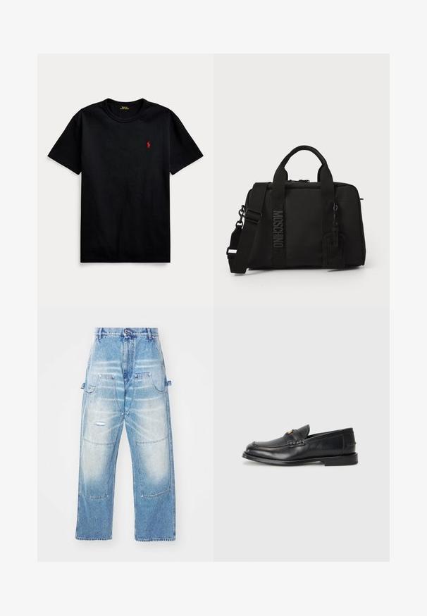 Juodas medvilninis marškinėliai su trumpomis rankovėmis, apvalia kaklo iškirpte ir mažyčiu raudonu siuvinėtu logotipu kairiajame krūtinės kampe. Lygi tekstūra, kasdienis dizainas.; Šviesiai mėlynos džinsinės kelnės su laisvu siluetu, turinčios kelis kišenius, nusidėvėjimo detales ir išblukusį apdailą. Tiesios kojos dizainas.; Juodi odiniai loaferiai turi apvalų nykštį, siuvinėtus detalės ir mažą aukso akcentą priekyje. Padas yra plokščias ir diskretiškas.; Juodas tekstilinis krepšys su dviem rankenomis ir nuimamą petnešą. Yra iškeltas logo ir odinis etiketas. Lygus paviršius, stačiakampio formos.