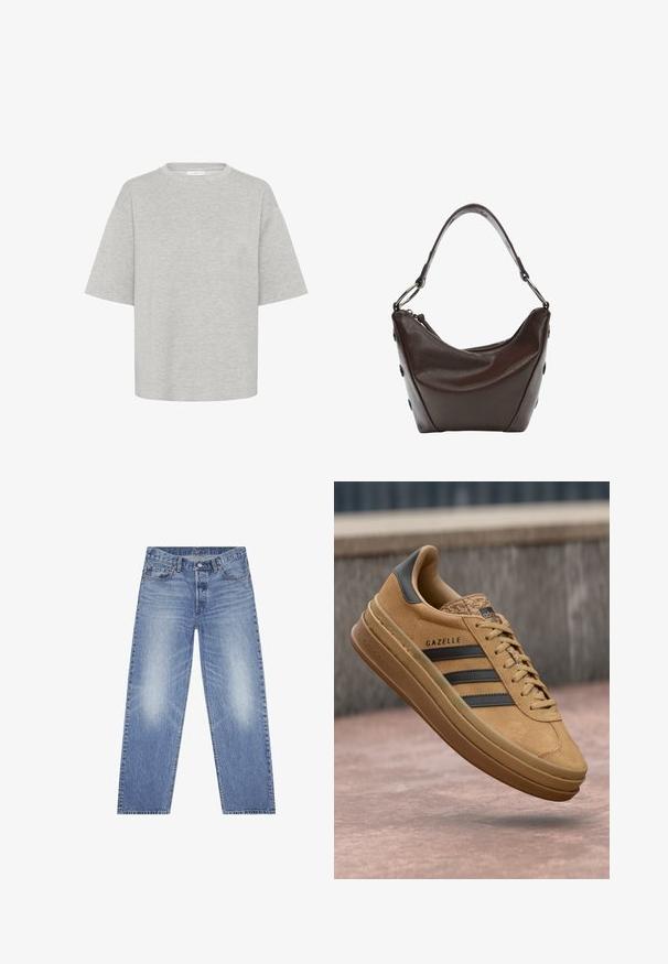 T-shirt oversize grigio chiaro realizzata in un morbido cotone misto, con colletto a girocollo e maniche corte, con orlo dritto.; Jeans in denim azzurro chiaro con taglio dritto, design a cinque tasche e sbiaditure visibili sulle cosce. Presentano una chiusura a bottoni e passanti per la cintura.; Sneakers in camoscio beige con texture liscia, caratterizzati da tre strisce scure, punta arrotondata e suola più spessa con un bordo decorato.; Borsa in pelle marrone scuro con forma curvata, chiusura con zip e manico corto. Caratterizzata da hardware in metallo e bottoni neri decorativi sul lato.