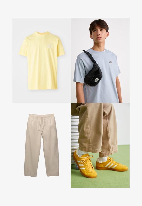 Žuta pamučna majica s okruglim izrezom i kratkim rukavima. Sadrži mali bijeli grafički dizajn na lijevoj strani grudnog koša.; Bež, lagane, pamučne hlače s elastičnom trakom u struku i vezicom. Dizajn širokih nogavica i mogući rukavi. Glatka tekstura, minimalno ukrašen.; Žute suede tenisice s bijelim prugama, s gumenim đonom, platnenim vezicama i podstavljenim ovratnikom, u kombinaciji s bež pamučnim hlačama.; Crna najlonska torba preko tijela s podesivim remenom, s istaknutim bijelim logotipom. Nošena preko svijetloplavog majice. Jednostavan, funkcionalan dizajn.
