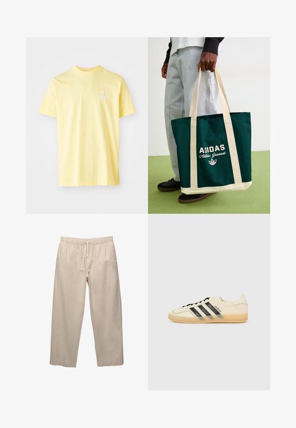 Żółta bawełniana koszulka z okrągłym dekoltem i krótkimi rękawami. Posiada mały biały wzór graficzny na lewej piersi.; Beżowe, lekkie spodnie bawełniane z elastycznym pasem i sznurkiem. Szerokie nogawki i podwinięte brzegi. Gładka struktura, minimalne detale.; Jasna kremowa sneakersy z czarnym wzorem trzech pasków, teksturowana cholewka, okrągły nosek i gumowa podeszwa. Posiada sznurówki i logo po boku.; Osoba trzyma ciemnozieloną torbę tote od Adidasa z beżowymi ramiączkami i spodem, ubrana w jasnoniebieskie dżinsy i czarne buty na zielonej podłodze.