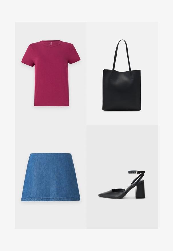 Κοντομάνικο μπλουζάκι σε βαθύ μωβ χρώμα, από βαμβακερό υλικό, με στρογγυλή λαιμόκοψη, κανονική εφαρμογή, και καθαρό, μινιμαλιστικό σχέδιο χωρίς ορατά μοτίβα ή λεπτομέρειες.; Τζιν μίνι φούστα σε μεσαίο μπλε τόνο, με κλασικό σχήμα Α-line, καθαρό στρίφωμα και χωρίς ορατές διακοσμήσεις ή μοτίβα.; Μαύρο δερμάτινο ψηλοτάκουνο παπούτσι με οξύ μυτερό τόξο, λουράκι στον αστράγαλο και χοντρό τακούνι. Λείος υφασματισμός, κομψός σχεδιασμός και μινιμαλιστική αισθητική.; Μαύρη δερμάτινη τσάντα tote με λείο υφή, ορθογώνιο σχήμα και δύο μακριές λαβές. Χωρίς ορατό υλικό ή διακοσμητικά στοιχεία.