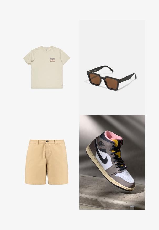 Bežové bavlnené tričko s malou, viacfarebnou grafikou na hrudi. Okrúhly výstrih a krátke rukávy. Uvoľnený strih s božným štítkom.; Béžové bavlnené šortky s gombíkovým zapínaním, prednými vreckami a pútkami na opasok. Jednoduchý dizajn so strihom rovného strihu a hladkou textúrou.; Biele, šedé a čierne vysoké tenisky Nike Air Jordan s ružovým interiérom a žltým jazykom, umiestnené na betónovom povrchu.; Čierne štvorcové slnečné okuliare s hnedými šošovkami, matným povrchom a zlatými akcentmi na ráme. Dizajn je uhlový s širokými ramenami.