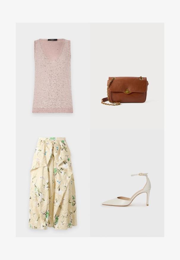 Top senza maniche a scollo a V di colore rosa chiaro con una texture a coste, dotato di paillettes argentate sparse per un dettaglio scintillante.; Gonna maxi floreale in tessuto giallo stropicciato, con motivi floreali verdi e blu, vita alta e balze sovrapposte per volume.; Scarpa col tacco alto in pelle bianca con punta affusolata, cinturino alla caviglia e tacco a stiletto sottile. Texture liscia con una finitura leggermente lucida.; Borsa a tracolla in pelle marrone con chiusura a patta, hardware dorato e tracolla a catena. Texture liscia, forma rettangolare, dettagli minimi.