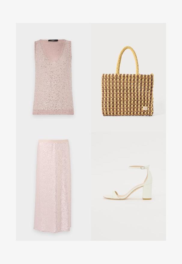 Haut sans manches en V couleur rose clair avec une texture côtelée, ornée de paillettes argentées dispersées pour une touche étincelante.; Jupe en sequins roses avec une taille lisse, présentant une surface texturée et un design en A longueur genoux. Les sequins réfléchissants créent un effet scintillant.; Sandale à talon bloc en cuir blanc avec une bride de cheville à boucle et un design minimaliste. Bout ouvert et textures lisses sur l'ensemble.; Sac tissé marron et jaune, de forme rectangulaire, avec deux poignées, et une finition texturée avec des coutures visibles et une étiquette de marque.