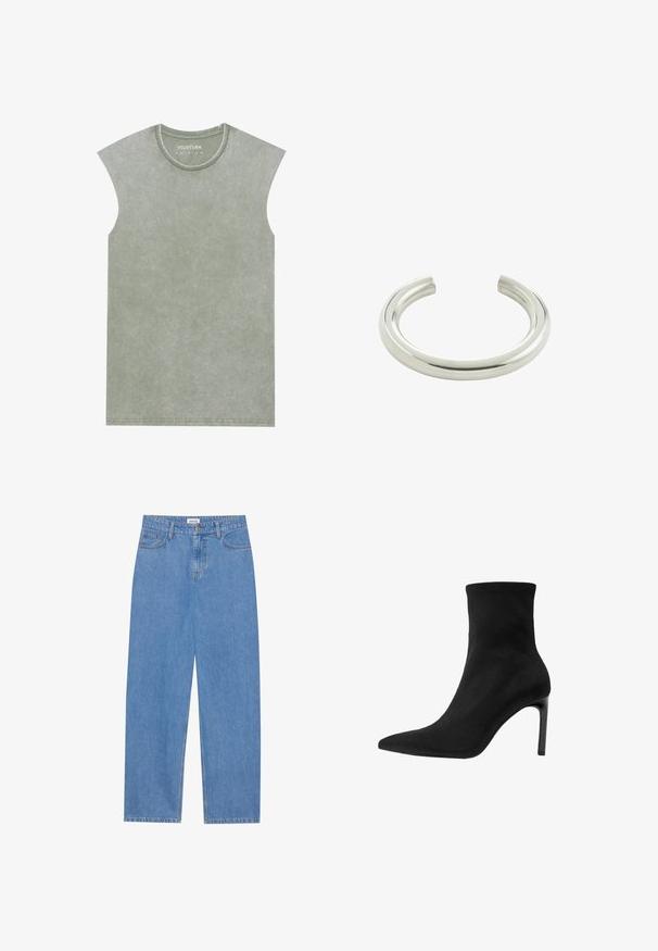 Zielona, bezrękawnikowa koszulka wykonana z miękkiego, teksturowanego materiału. Okrągły dekolt z delikatnym efektem prania i widocznymi szwami na dole.; Jasnoniebieskie dżinsy w prostym kroju, z pięcioma kieszeniami, jednobutonowym zapięciem i subtelnymi detalami haftu na szwach.; Czarne botki sięgające kostki, wykonane z gładkiego zamszu, z ostro zakończonym noskiem i wysokim obcasem typu stiletto. Elegancki, minimalistyczny design bez zdobień.; Pilgrim PHASE UNISEX srebrny
