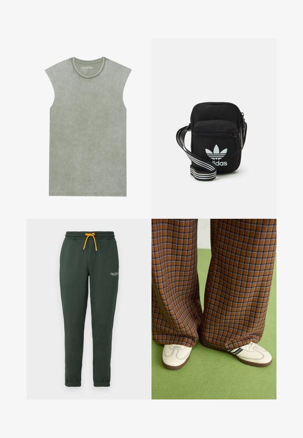 Zeleni majica bez rukava napravljena od mekog, teksturiranog materijala. Okrugli izrez s suptilnim efektom pranja i vidljivim šavovima na rubu.; Tamnozelene trenirke izrađene od mekanog materijala, s elastičnim pojasom i žutom vezicom, sužene na dnu. Mali detalj s logotipom na nozi.; Smeđe i plave karirane široke hlače uparene s bijelim cipelama s crnim akcentima i teksturiranim potplatom, na zelenoj pozadini.; Crna crossover torba od tkanine sa zatvaračem, sa bijelim Adidas logotipom i prugastim podešivim remenom za lako nošenje.