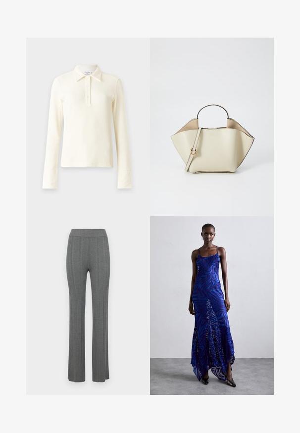 Krēmkrāsas, ribota, garām piedurknēm polo krekls ar apkakli un trīs pogu aizdari. Iezīmēts ar pieguļošām aprocēm un mīkstu, teksturētu audumu.; Pelēkas ribotas platās bikses ar augstu jostasvietu. Izgatavotas no strukturētas adītas auduma, ar vertikālām svītrām visā dizainā.; Zila un violeta dzīvnieku raksta maxi kleita ar plāniem plecu siksnām, pieguļošu augumu, izplestu apakšdaļu un caurspīdīgu dekoratīvo kārtu.; Ree Projects ANN - Rokassoma - beige