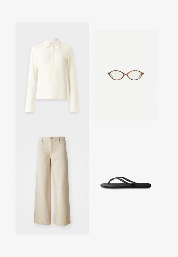Maye polo shirt cu mânecă lungă, cu striații, de culoare crem, cu guler și placket cu trei nasturi. Prezintă manșete ajustate și un material moale, texturat.; Jeans bej cu picioare late, confecționați din denim, având talie înaltă, închidere cu nasture, bucle pentru curea și buzunare laterale. Textură netedă și croială lejeră.; Încălțăminte tip flip-flop neagră cu o talpă din cauciuc texturat, două bretele subțiri și un detaliu discret, embosat cu logo pe bretea.; Ochelari cu ramă din tartan, cu lentile ovale și un finisaj elegant, neted. Prezintă margini subțiri cu o curbură subtilă la tâmple. Lentile clare.