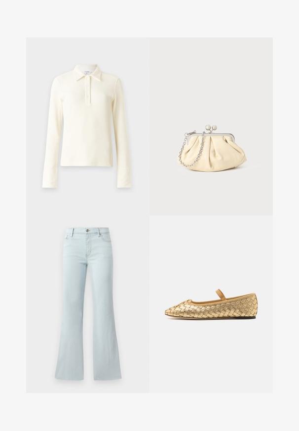 Camiseta de polo de manga larga de canalé crema con collar y tapeta de tres botones. Presenta puños ajustados y una tela suave y texturizada.; Jeans de mezclilla de corte acampanado en azul claro. Presentan un diseño clásico de cinco bolsillos y un cierre delantero con botón. Textura suave en toda su superficie.; Loeffler Randall LEONIE SOFT BALLET FLAT - Bailarinas con hebilla - gold; Clutch de cuero beige plisado con un marco de metal plateado, que cuenta con dos broches decorativos redondos y una correa de cadena plateada.