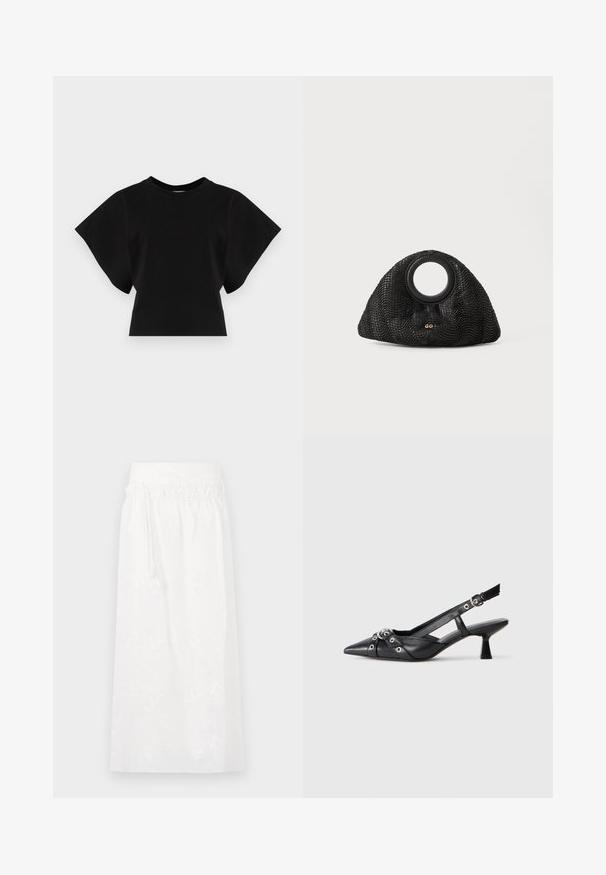 Tricou scurt negru din bumbac, cu mâneci scurte și largi și un decolteu rotund, cu o textură netedă și un design minimalist.; Fustă maxi albă cu un talie elastică, broderie florală subtilă și un design fluid. Fabricată dintr-un material ușor.; Pantofii slingback din piele neagră, cu vârful ascuțit, curele decorative cu ochiuri din metal și toc bloc mic. Suprafață texturată.; Pungă neagră împletită cu o formă unică în semilună, având un mâner rotund și un detaliu subtil al logo-ului în față. Suprafață texturată pe întreaga suprafață.