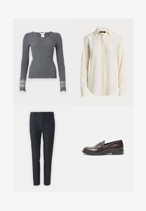 Grå langærmet ribbestrikket top med bølget udskæring og blondeprydede manchetter, der har et struktureret mønster.; Lys cremefarvet langærmet skjorte med spids krave, knaplukning i front og glat tekstur; har en rundet kant og skræddersyet pasform.; Marineblå skræddersyede bukser med en glat tekstur, der har frontfold, bæltestropper og lige ben-design, fremstillet af et let materiale.; Mørkebrune læder loafers med krokodilletekstur, lav hæl og syede detaljer foran for ekstra design.