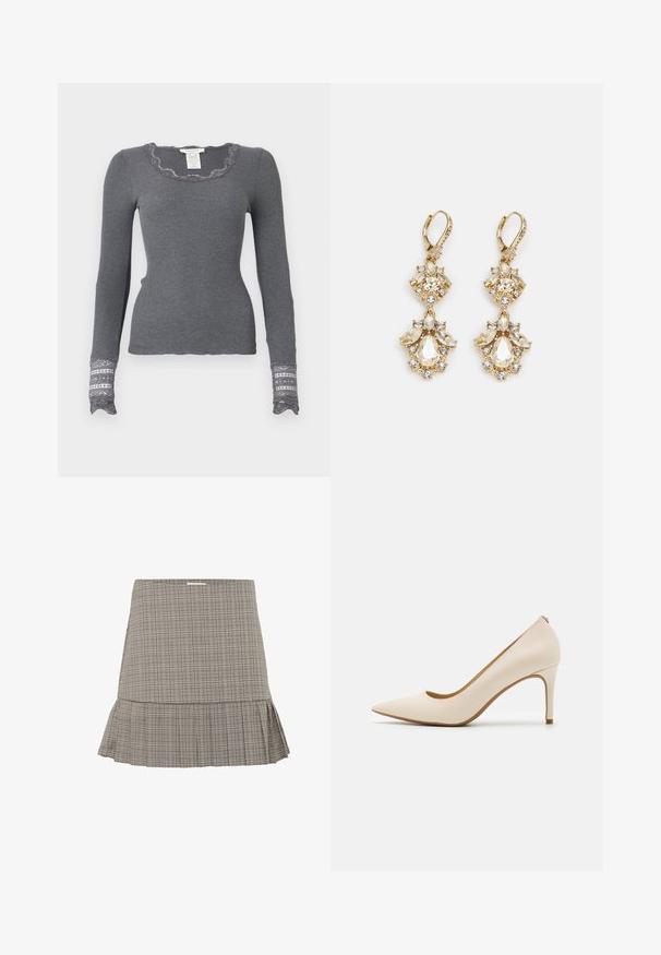 Haut à manches longues gris en ribbed avec un col à volants et des poignets accentués de dentelle, présentant un motif texturé.; Jupe à carreaux gris avec un ourlet évasé, présentant un design plissé subtil et une taille ajustée. Fabriquée en tissu léger.; Escarpin beige à talon haut avec un bout pointu, empeigne en cuir lisse et un talon aiguille élancé. Présente un décolleté faible à l'avant et aucun matériel visible.; Boucles d'oreilles pendantes dorées présentant un design en grappe avec des cristaux clairs ronds et en forme de goutte, mettant en valeur des détails élaborés.