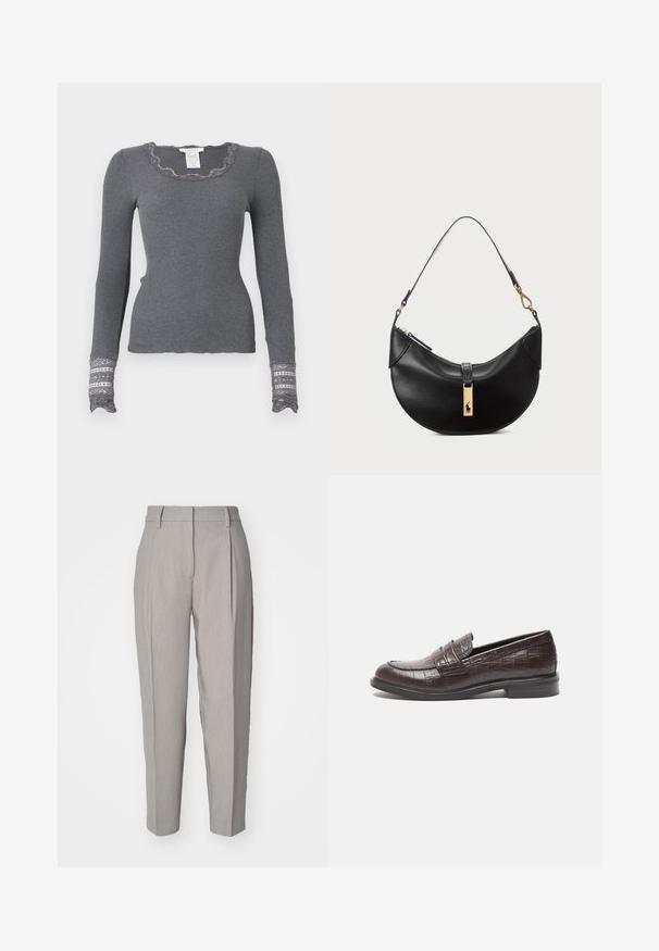 Grå långärmad ribbad topp med vågig halsringning och spetsprydda ärmslut som har ett texturerat mönster.; Ljust grå skräddarsydda byxor med en slät yta, veckad front och rak benkonstruktion. Har bälteshål och en polerad finish.; Mörkbruna läderloafers med krokodiltextur, låg klack och sydda detaljer framtill för en extra design.; Svart läderhandväska i halvmåneform. Har en accent av guldhardware och en smal rem. Slät yta, blixtlåslås upptill.