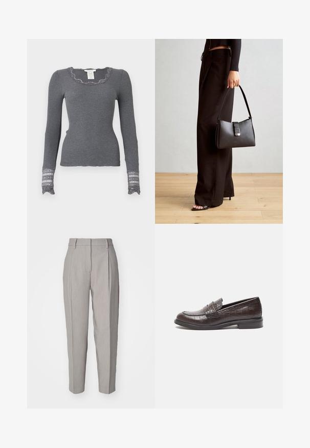 Siva dolgi rokav ribast top z valovitim izrezom in čipkastimi manšeti, ki imajo teksturiran vzorec.; Svetlo sivi krojeni hlače z gladko teksturo, z gubanim sprednjim delom in ravno obliko nog. Vključuje zanke za pas in sijajno zaključek.; Temno rjavi usnjeni loaferji s teksturo krokodila, nizko peto in šivanim detajlom spredaj za dodano obliko.; Črna torbica z strukturirano obliko, gladko teksturo in kovinskim zaponko. Ujemajo se z širokimi črnimi hlačami in odprtimi sandali na lesenem tleh.