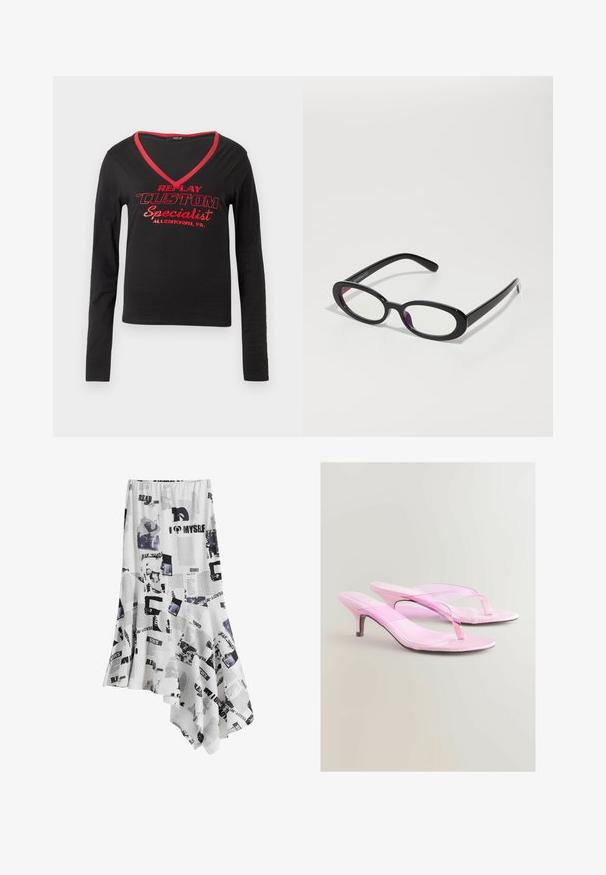 Svart långärmad skjorta med V-ringning, röd kant vid halsen och fet röd text som står "REPLAY CUSTOM Specialist Allentown, PA."; Vit asymmetrisk kjol med tryckt mönster i svart text och bilder, tillverkad av lätt tyg. Kanterna är mjukt fållade.; Rosa klacksandaler med en glänsande finish, med en toffelremdesign och en smal metallklack. Mjuk textur och minimalistisk stil.; Ovala svarta glasögon med klara linser, med en slät yta och breda skalmar. Linserna har en subtil lila ton. Logotyp på sidan.