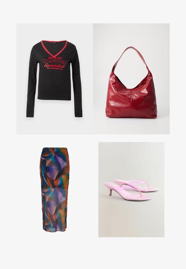 Maglietta nera a maniche lunghe con scollatura a V, bordo del collo rosso e testo stampato in rosso audace che dice "REPLAY CUSTOM Specialist Allentown, PA."; Gonna a matita multicolore realizzata in tessuto fluido e trasparente con motivi astratti in blu, arancione e viola. Vita elasticizzata con spacco laterale.; Sandali con tacco rosa con finitura lucida, caratterizzati da un design a fascia e un sottile tacco metallico. Texture liscia e stile minimalista.; Borsa hobo in pelle rossa con una superficie morbida e strutturata, una sola tracolla e una forma arrotondata e morbida.; Bracciale in argento con un design ondulato e testurizzato e estremità aperte. La superficie liscia e riflettente mette in risalto la forma unica.