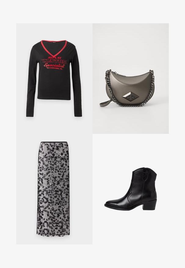 Svart langermet skjorte med V-hals, rød kanting rundt halsen, og fet rød tekst som sier "REPLAY CUSTOM Specialist Allentown, PA."; Lang svart skjørt med gjennomsiktig overlegg prydet med spredte svarte paljettblomster, mot en nøytral bakgrunn.; Sorte lær ankle boots med spiss tå, buede sidesømmer og en lav, blokk hæl. Har glidelås lukking og en jevn tekstur.; Metallisk gråtverrsiktig veske med halvmåneform, med kjedestropper og et diamantlogo-patch. Glatt overflate og glidelås.