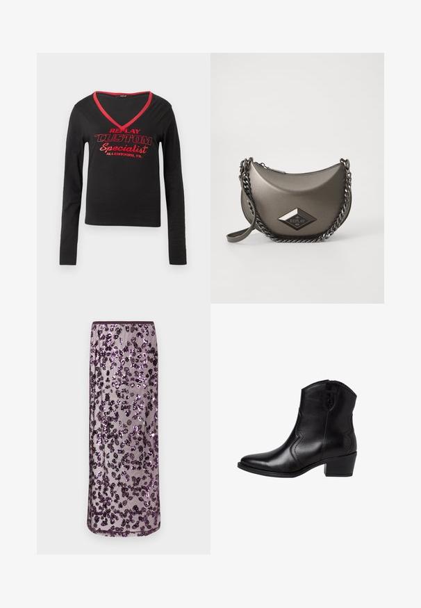 Schwarzes Langarmshirt mit V-Ausschnitt, rotem Kragenbesatz und auffälligem roten Drucktext mit der Aufschrift "REPLAY CUSTOM Spezialist Allentown, PA."; Langer transparenter Rock mit lila und schwarzen Blumenpailletten auf einem hellen lavendelfarbenen Mesh-Stoff.; Schwarze Leder-Stiefeletten mit einer spitzen Zehenform, geschwungenen Seitennähten und einem niedrigen Blockabsatz. Verfügt über einen Reißverschluss und eine glatte Textur.; Metallisch graue Umhängetasche in Halbmondform, mit einer Kettenriemen und einem Diamant-Logo-Patch. Glatte Oberfläche und Reißverschlussverschluss.