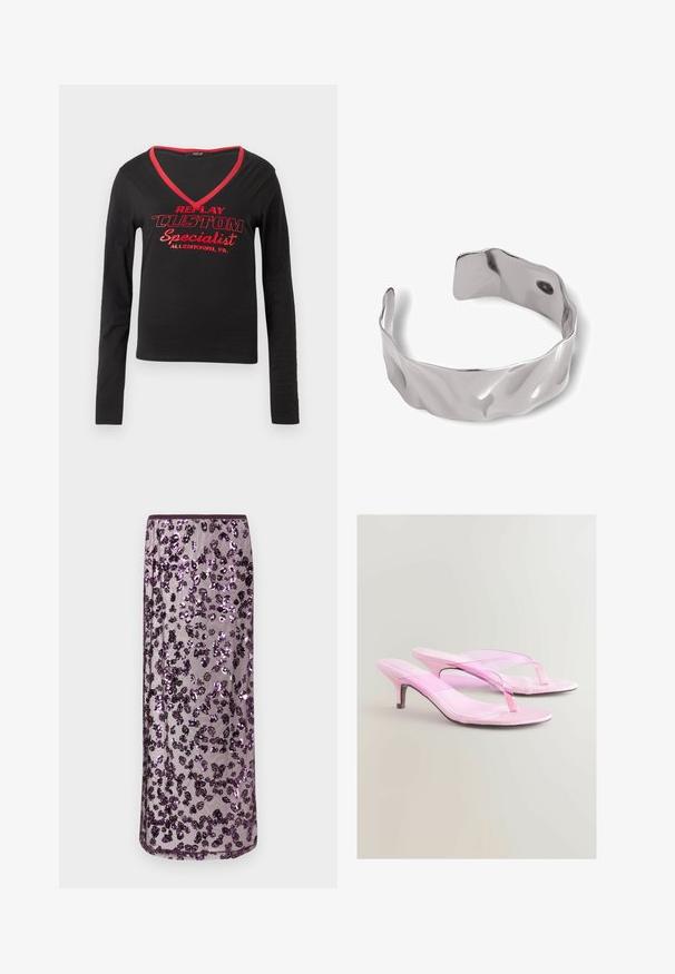 Maglietta nera a maniche lunghe con scollatura a V, bordo del collo rosso e testo stampato in rosso audace che dice "REPLAY CUSTOM Specialist Allentown, PA."; Gonna lunga trasparente con paillettes floreali viola e nere su tessuto a rete lavanda chiaro.; Sandali con tacco rosa con finitura lucida, caratterizzati da un design a fascia e un sottile tacco metallico. Texture liscia e stile minimalista.; Bracciale in argento con un design ondulato e testurizzato e estremità aperte. La superficie liscia e riflettente mette in risalto la forma unica.