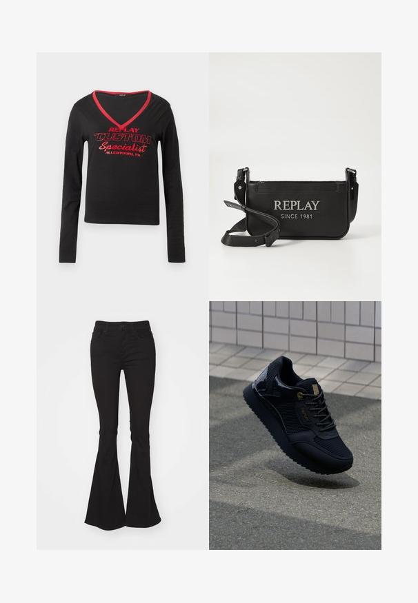 Camisa preta de manga longa com decote em V, com acabamento em vermelho no decote e texto impresso em vermelho em destaque que diz "REPLAY CUSTOM Specialist Allentown, PA."; Jeans flare pretos com uma cintura alta, apresentando um fecho de botão e ziper padrão, dois bolsos frontais e um tecido ligeiramente texturizado.; Sapatilhas pretas com um cabedal em malha, detalhes brilhantes, acessórios em dourado, sola texturizada e um colarinho almofadado para conforto.; Mala crossbody preta feita de material sintético, apresentando o texto em relevo "REPLAY SINCE 1981" em prateado. Correia ajustável com detalhe em metal.