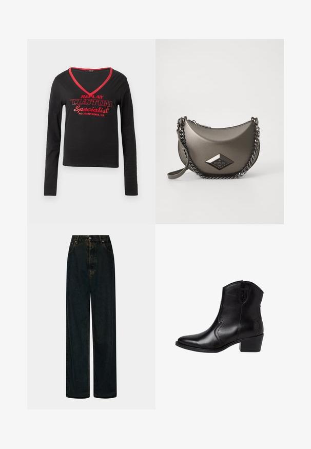 Camisa negra de mangas largas con cuello en V, ribete rojo en el cuello y texto impreso en negrita en rojo que dice "REPLAY CUSTOM Specialist Allentown, PA".; Jeans de denim oscuros de tiro alto y pierna ancha con cierre de botón y cremallera en la parte frontal, trabillas para el cinturón y bolsillos delanteros.; Botas de cuero negro hasta el tobillo con punta afilada, costuras laterales curvadas y un tacón bajo y cuadrado. Cuentan con un cierre de cremallera y una textura suave.; Bolso cruzado en gris metálico con forma de media luna, que cuenta con una correa de cadena y un parche de logo en forma de diamante. Acabado suave y cierre de cremallera.